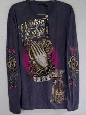 NEW Christian Audigier Women’s XL Long Sleeve Faith Charcoal Graphic Tee